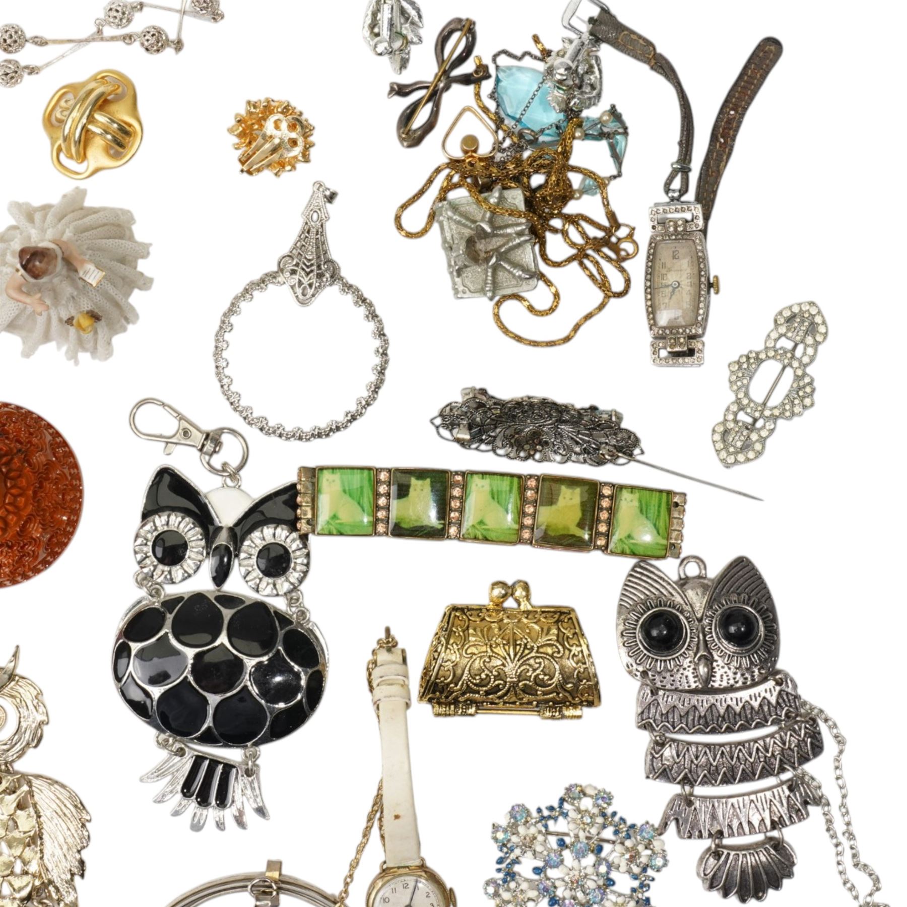 Early 20th century gilt metal swallow necklace, 18ct '13' heart pendant, silver panel bracelet, silver chatelaine hand mirror, Birmingham 1922, Halcyon Days enamel box, ladies Rotary wristwatch, Spendid pendant watch, miniature Japanese Satsuma vase and other costume jewellery 