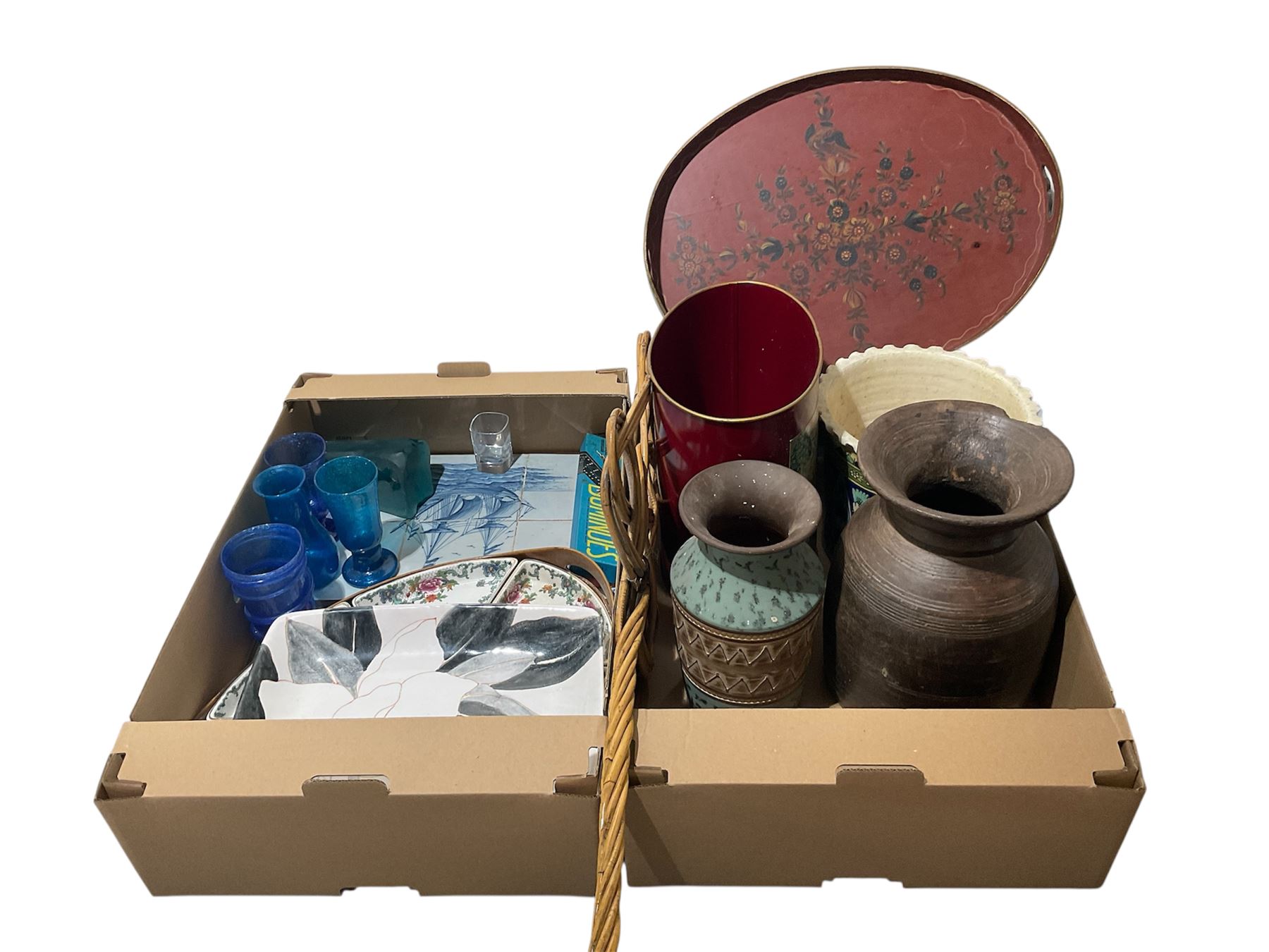 Delft tile shipping scene, lacquered tray painted with flowers, painted planter, carpet beater, West German jug, Canada goose paperweight etc, contents in two boxes