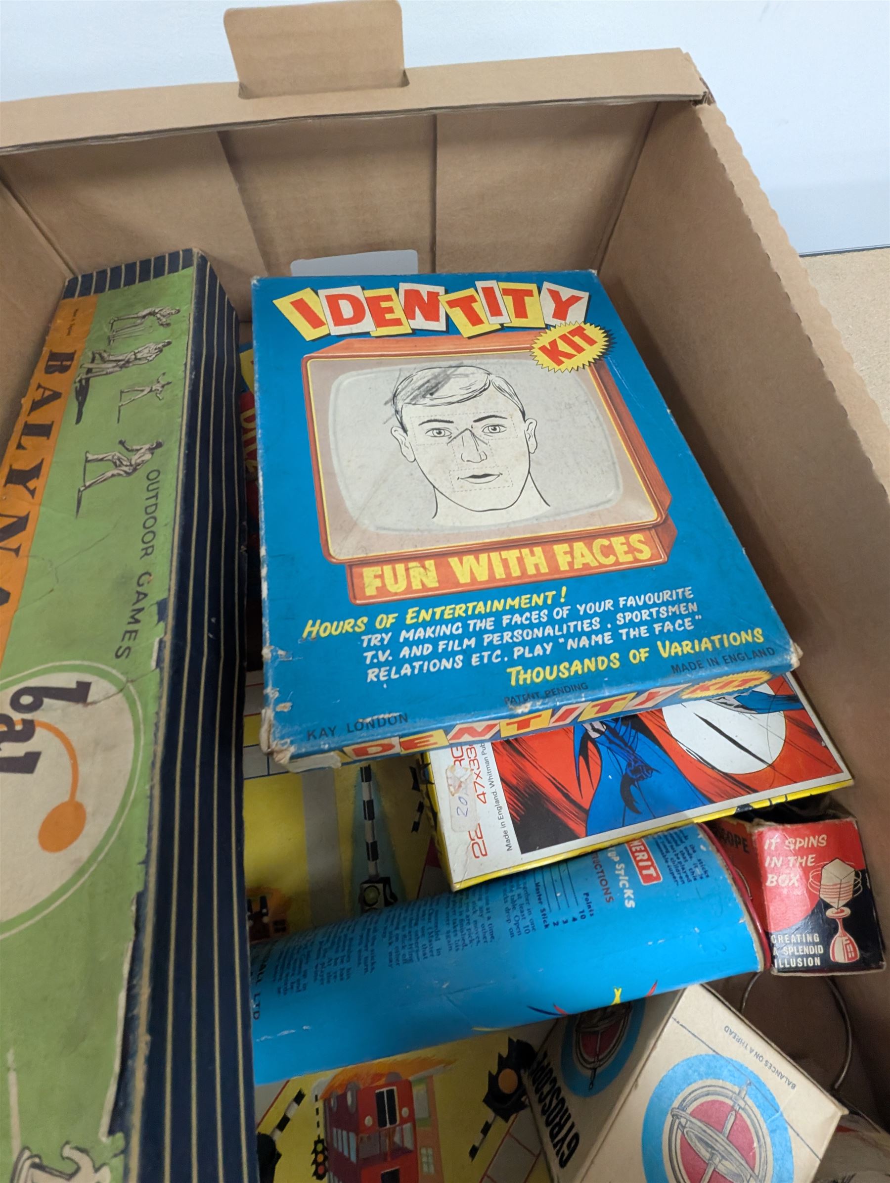 Collection of boxed vintage board games, including Balyna Cricket, Identity Kit, Gyroscopes, Waddingtons Scoop, etc