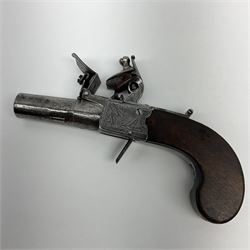 Late 18th century flintlock pocket pistol signed H. Nock London with 4cm turn-off barrel and drop down trigger, engraved lock plates, thumb safety and walnut bag stock L16cm overall