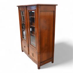 Cherrywood wine rack cabinet, moulded rectangular top over two glazed doors, fitted with eight slides each with three bottle holders inscribed with various wine types, single long drawer to the base 
