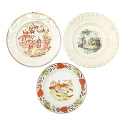 Three 18th/19th century nursery plates, comprising Swansea example decorated with central printed chinoiserie scene of pagoda, fence and two figures with bird, within a moulded swag and patera border, D18cm, a William Smith & Co example decorated in the Napoleon pattern with moulded floral border, with printed mark detailed Napoleon WS&Co and faint impressed mark WS&Co's Wedgewood beneath, D18cm, and a pearlware example decorated with chinoiserie figural scene within a moulded border, with overpainted decoration, collectors label beneath inscribed 'Early Wedgwood or Leeds 1750-60', D16cm

