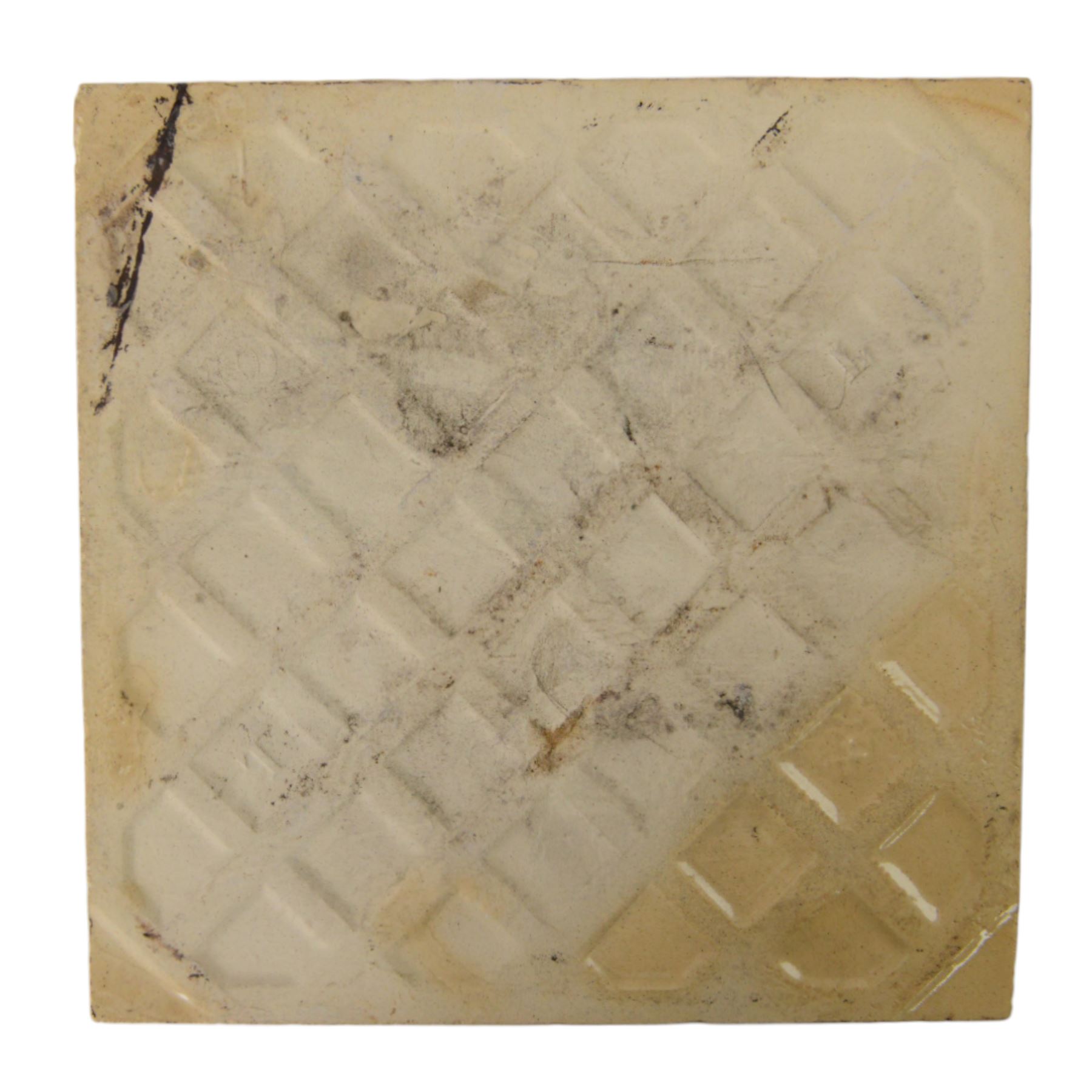 Set of fourteen late 19th century Aesthetic movement six inch dust pressed tiles, each printed with central lozenge containing an urn of flowers, surrounded by flower heads and tendrils, in brown and buff