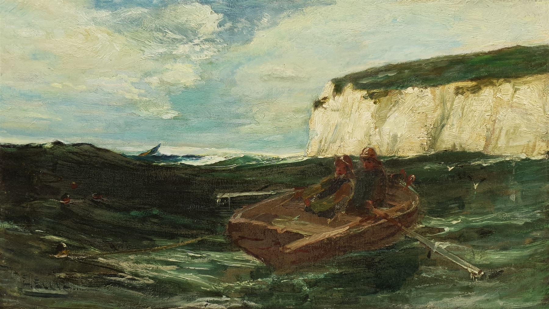 Edwin John Ellis (British 1841-1895): Rowing off the Shore, oil on canvas signed 37cm x 65cm