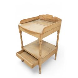 Victorian stripped pine narrow wash stand, fitted with single drawer, on turned supports (W50cm, H88cm, D52cm); together with a Victorian pine wash stand or side table (W89cm, H75cm, D46cm)