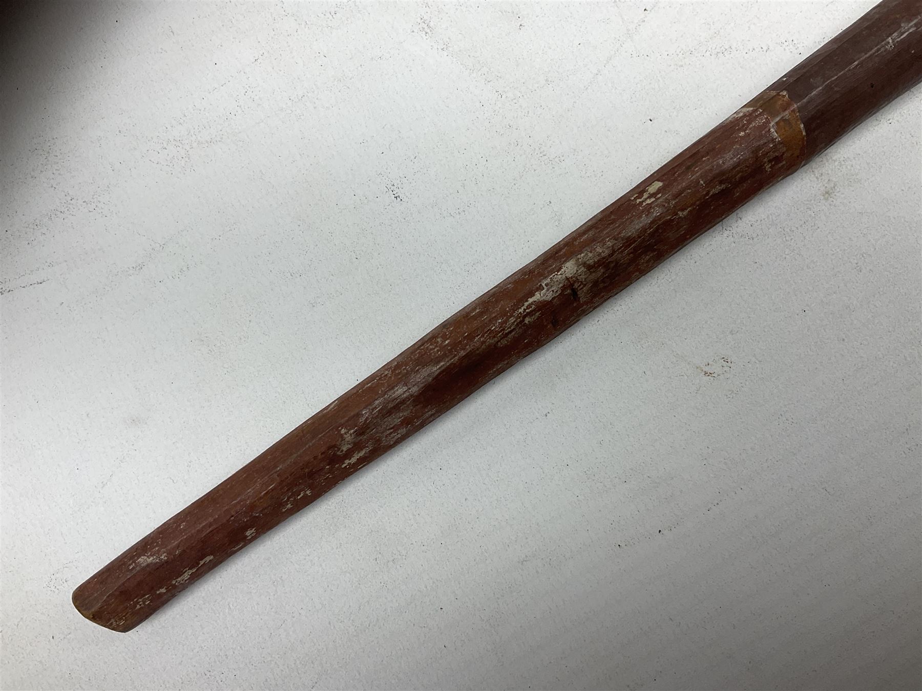 Australian Aboriginal shield, carved with Kangaroo and Emu, 74.5cm; Spear painted with aquatic creatures 78cm, and Spear thrower 81cm (3)