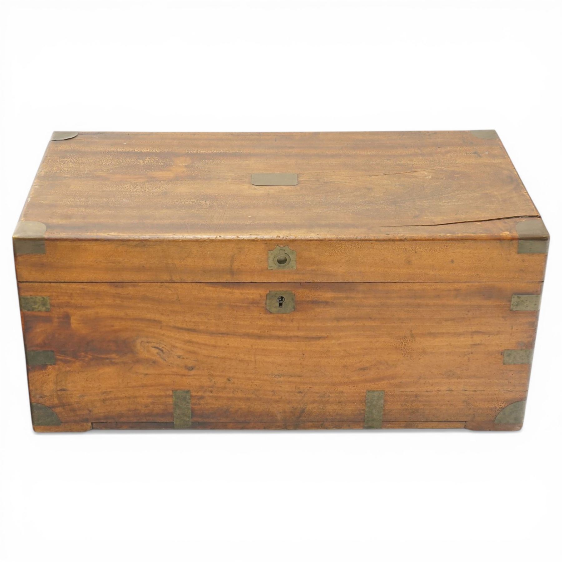 Campaign style camphor wood chest, the rectangular top with brass carrying mounts, brass bound angles and straps, with hinged cover