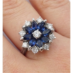  White gold round brilliant cut diamond and marquise cut sapphire flower cluster ring, stamped 18 
[image code: 4mc] 