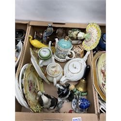 Large quantity of Victorian and later ceramics, to include teapots, Royal Worcester clock, Delft style, animal figures,  Sadler Shooting Scenes novelty teapot, commemorative ware, etc, three boxes