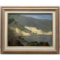 Frederick (Fred) William Elwell RA (British 1870-1958): 'A Fine Day Coast of Spain', oil on panel signed and dated 1911, remains of original title label verso 29cm x 39cm 
Provenance: East Yorkshire dec'd estate; with Christie's 28th June 2001 Lot 227; Dee Atkinson & Harrison, Driffield, 18th February 2005 Lot 416