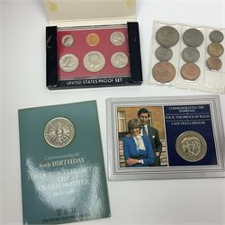 Coins and miscellaneous items including Great British and Channel Islands commemorative crowns, pre-decimal coinage etc