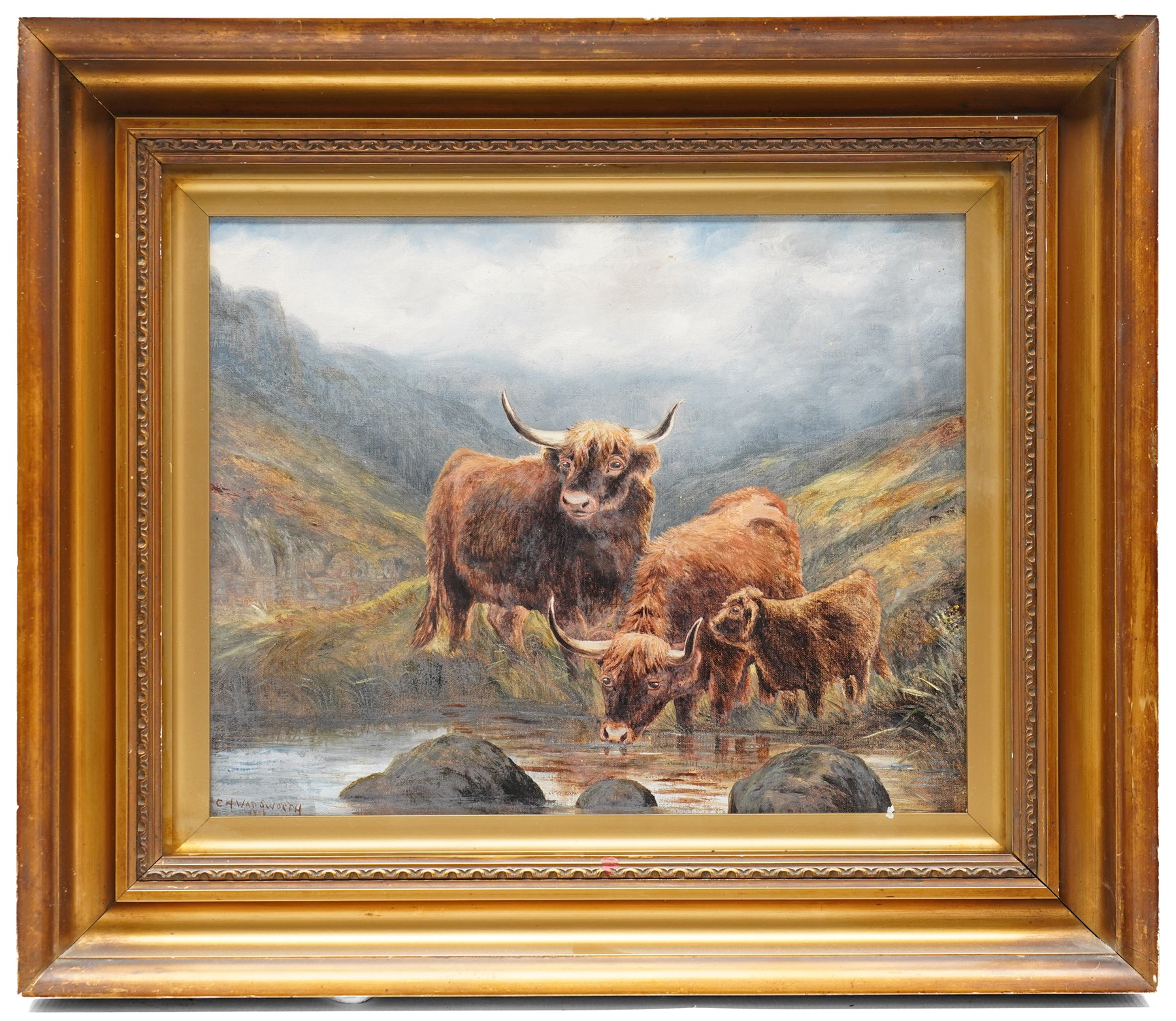 C H Wadsworth (British early 20th century): Highland Cattle Watering, oil on canvas signed 29cm x 37cm