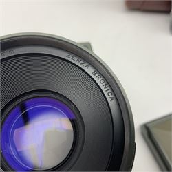 Zenza Bronica ETRS camera body, safari edition, serial no. 7100811, with 'Zenza Bronica Zenzanon EII 1:2.8 f=75mm' lens, serial no. 7908591, film magazine back, safari, serial no. 8100564, AE-ii metering head, safari, serial no. 617024, etc, all in leather case