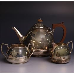 Art Deco three piece silver batchelors tea service, comprising teapot, milk jug and open s...