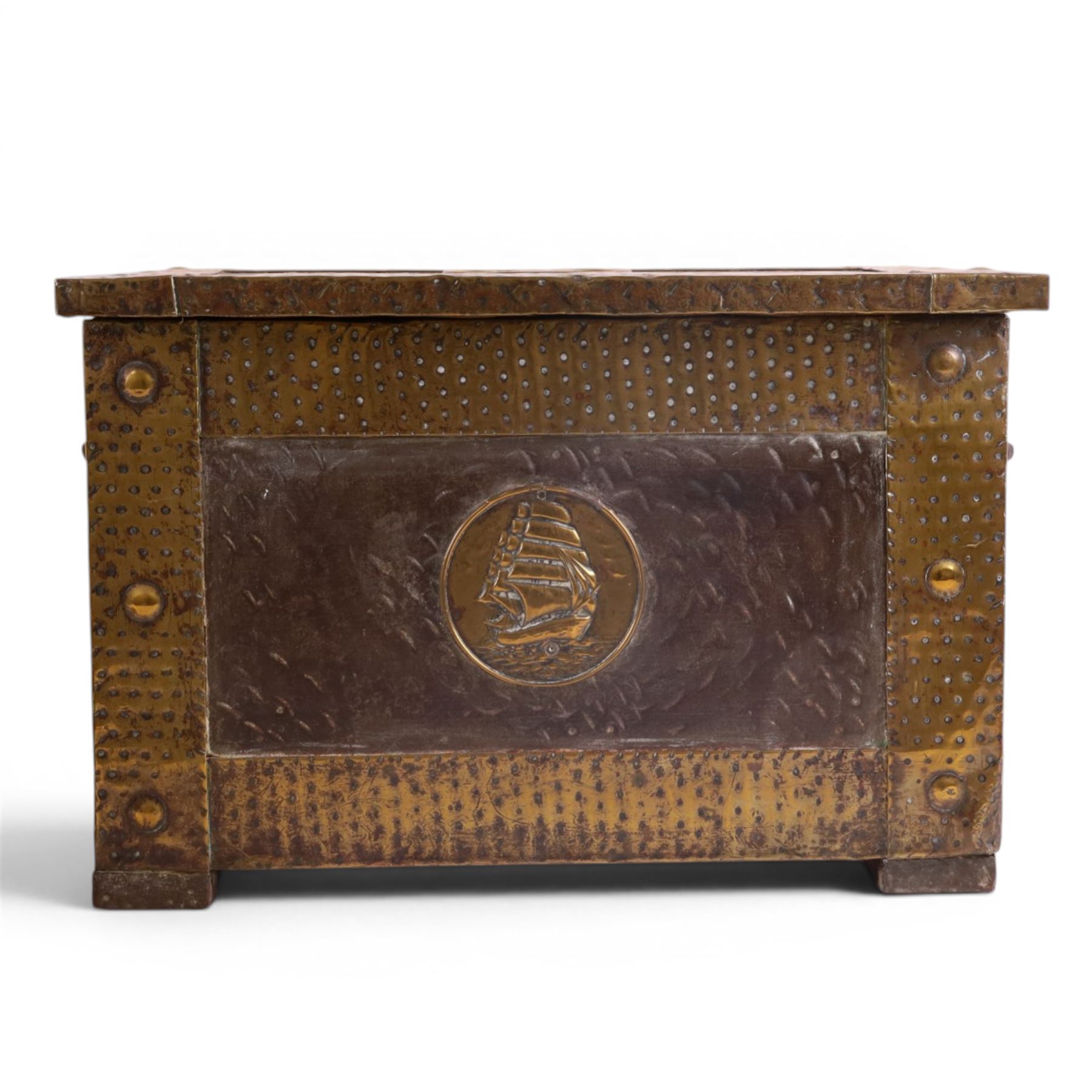 Arts and Crafts brass bound coal box, with sailing ship decoration to the front and lid, together with a similar slope fall front coal box, largest H36cm, 54cm
