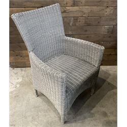 LeisureGrow circular rattan garden table, with lazy Susan, five armchairs with cushions, parasol and weighted base, with glass tops