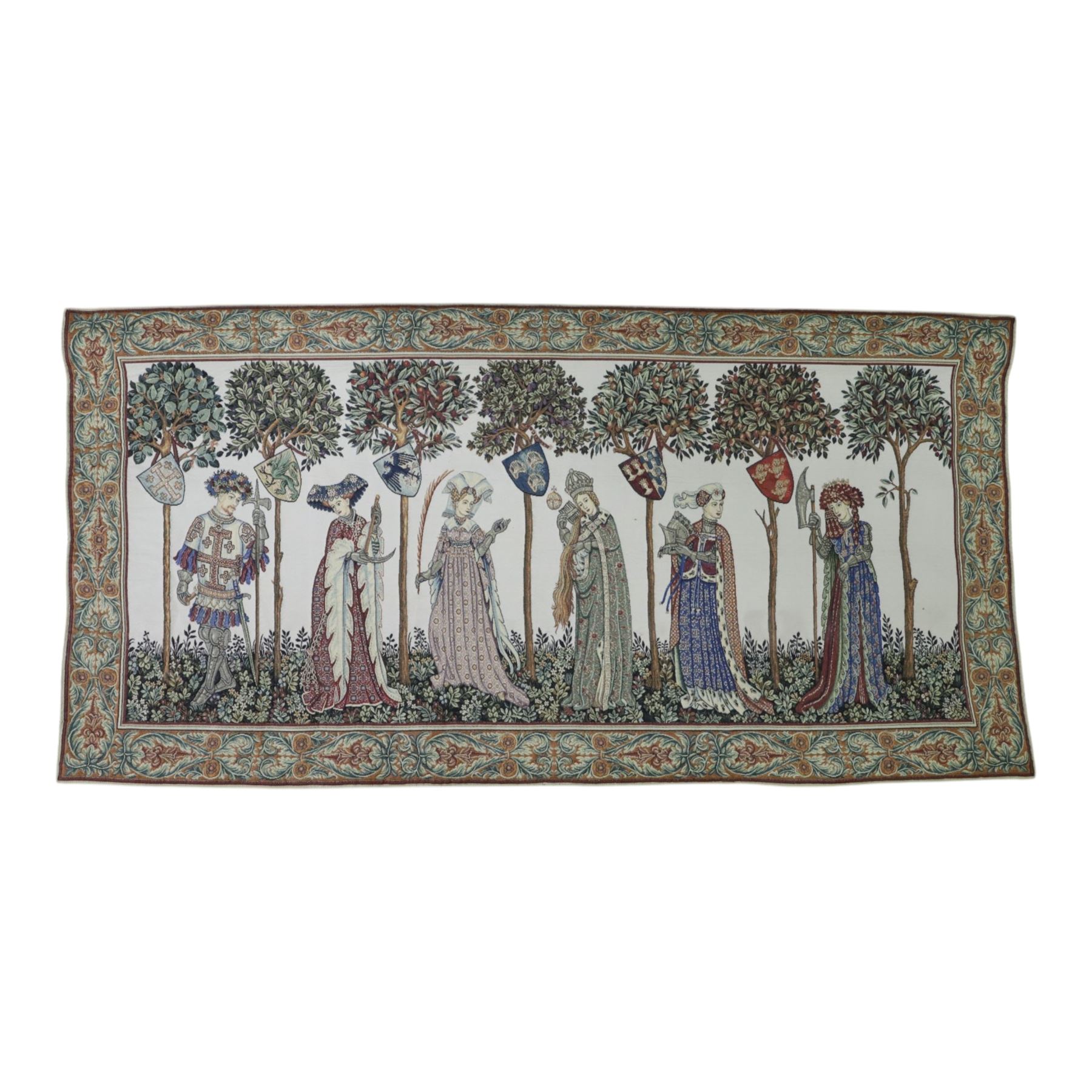 La Manta tapestry wall hanging, by Hines of Oxford, after teh 1420 fresco by Giacomo Jaquerio in the great hall at Casello Della Manta, H65cm, L130cm
