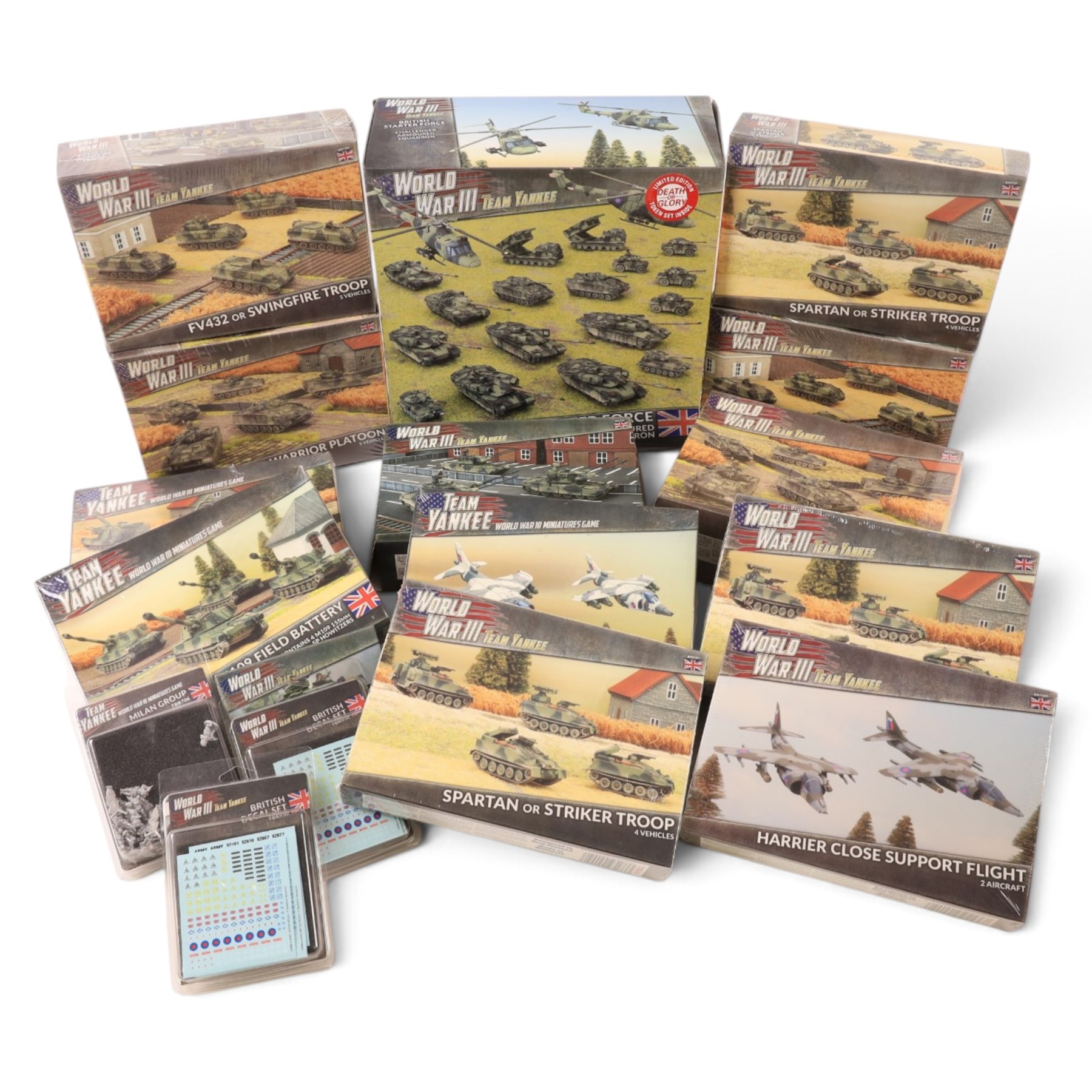 Collection of Battlefront Miniatures World War III Team Yankee 'British' models, comprising no. TBRAB03 British Starter Force - Challenger Armoured Squadron, no. TBBX07 Tracked Rapier Sam Section, no. TBBX12 Warrior Platoon, and others, mostly 1:100, all boxed