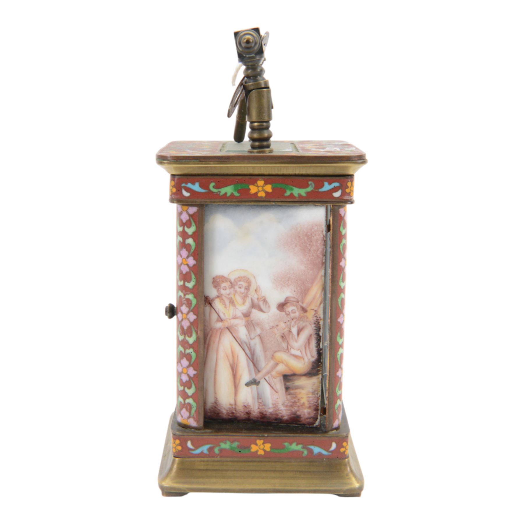 Late 20th century- Chinese 8-day timepiece carriage clock with Cloisonne work on a red ground to the four pillars, base and cornice, with painted porcelain panels to the sides, white enamel dial with Roman numerals and trefoil steel hands, platform escapement wound and set from the rear. With Key.