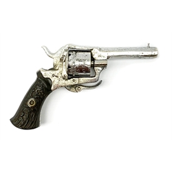 19th century plated Belgian 7mm pin-fire revolver, the six-shot cylinder inscribed 'The Young Lion 1881 New Pattern', with folding trigger and carved walnut split stock, barrel length 7.5cm, overall length 18.5cm