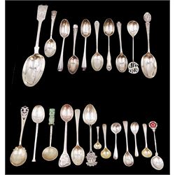 1930s silver Fiddle pattern dessert spoon, with engraved foliate decoration, hallmarked Charles T Maine, London 1933, set of three 1930s Hanoverian pattern silver coffee spoons, with rattail bowls, hallmarked Josiah Williams & Co, London 1930 and a collection of other silver spoons, including commemorative, souvenir, novelty and continental silver examples, all with various marks and dates 