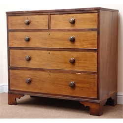  19th century mahogany chest, moulded top, two short and three long graduating drawers, shaped bracket supports, W108cm, H102cm, D54cm  