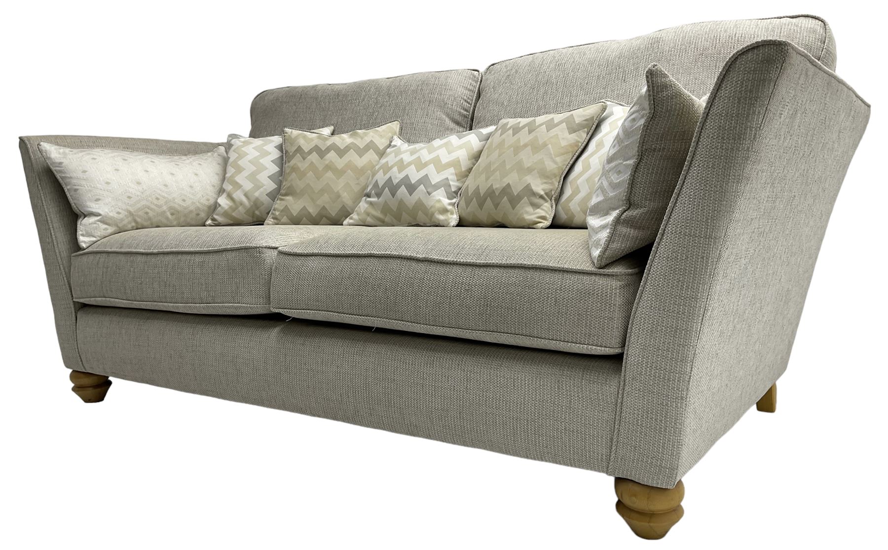 Oak Furnitureland - three-piece lounge suite upholstered in grey fabric, large three-seat sofa (W238cm, D106cm), two-seat sofa (W209cm), and snuggler sofa (W129cm)