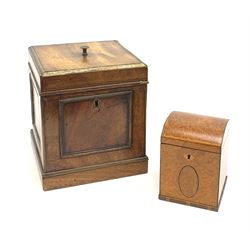 A small 19th century Amboyna tea caddy with curved hinged cover, H12.5cm, together with a Georgian mahogany tea caddy, including finial H21cm. 