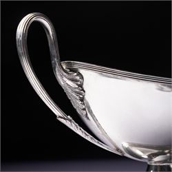 Pair of silver plated sauce tureens and covers of oval form with reeded loop handles L25cm overall