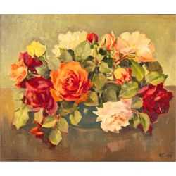 Mary Goudie Simpson (British 1869-1934): 'Vegetable Stall - Bruges', gouache signed, titled verso; Jean Fletcher (British 20th Century): 'St Anne's Square', mixed media signed and dated '95; together with two still lifes, oils on board signed K T and L I Warburton one dated 1906 max 45cm x 45cm (4)