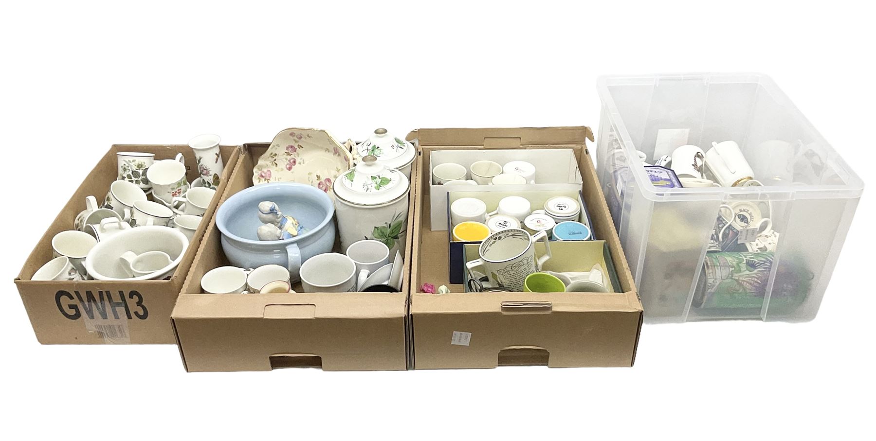 Large collection of ceramics to include God Speed the Plough loving cup, Denby, Coalport, Portmeirion, quantity of mugs etc in four boxes