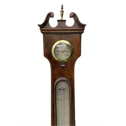 Late 19th century mahogany  mercury barometer by  Ciceri & Pine Edinburgh -  with a swans neck pediment, brass finial and rounded base, with a  circular hygrometer, boxed mercury thermometer, level bubble and 8