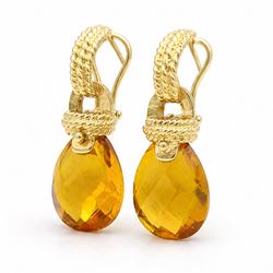 Pair of 18ct gold citrine pendant earrings, each stud with a rope twist half hoop, suspending a detachable briolette cut citrine, with twist mount, stamped 750