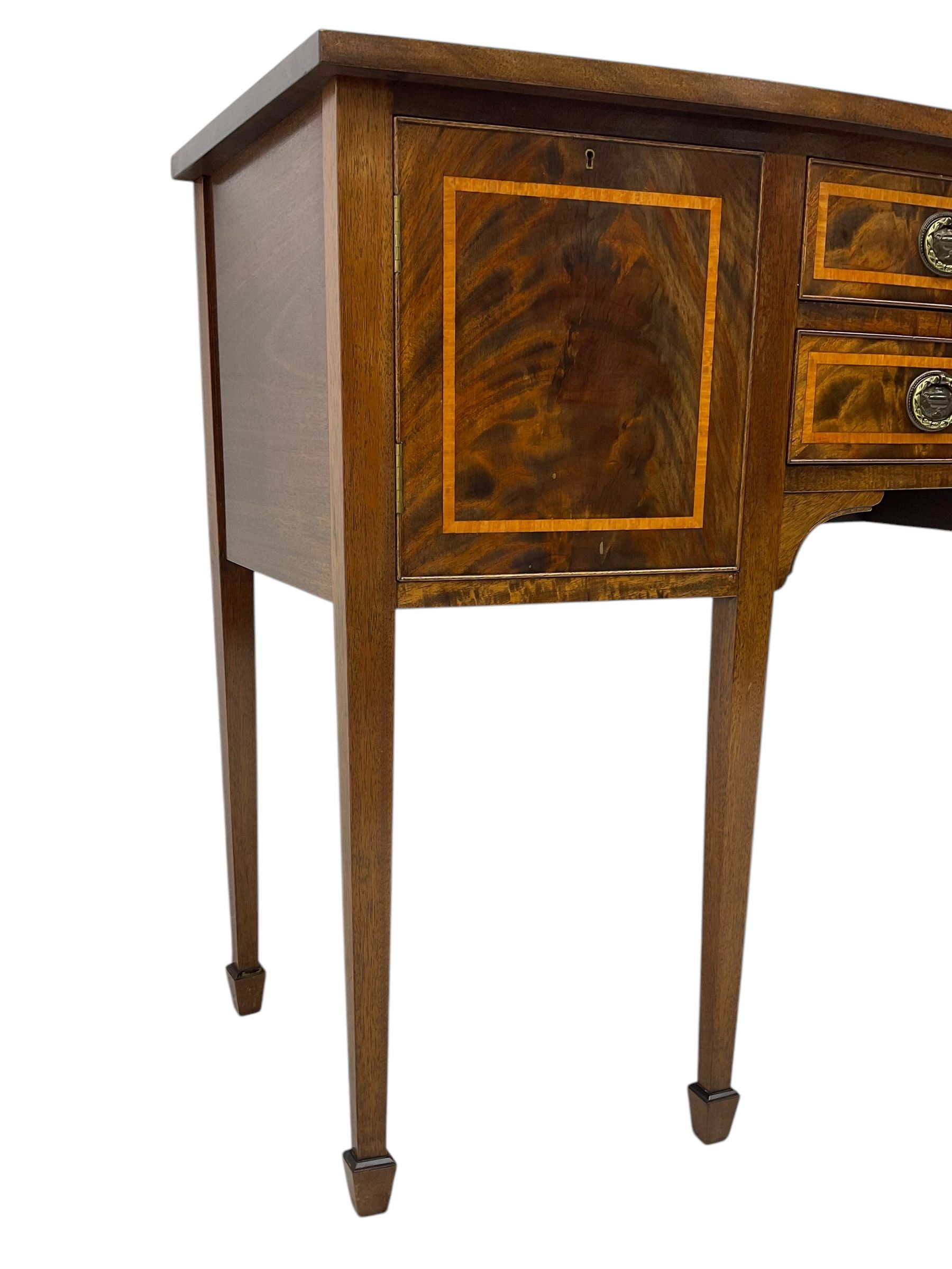 Georgian design mahogany and satinwood banded bow-front sideboard, fitted with two drawers and flanking cupboards, on square tapering supports with spade feet 