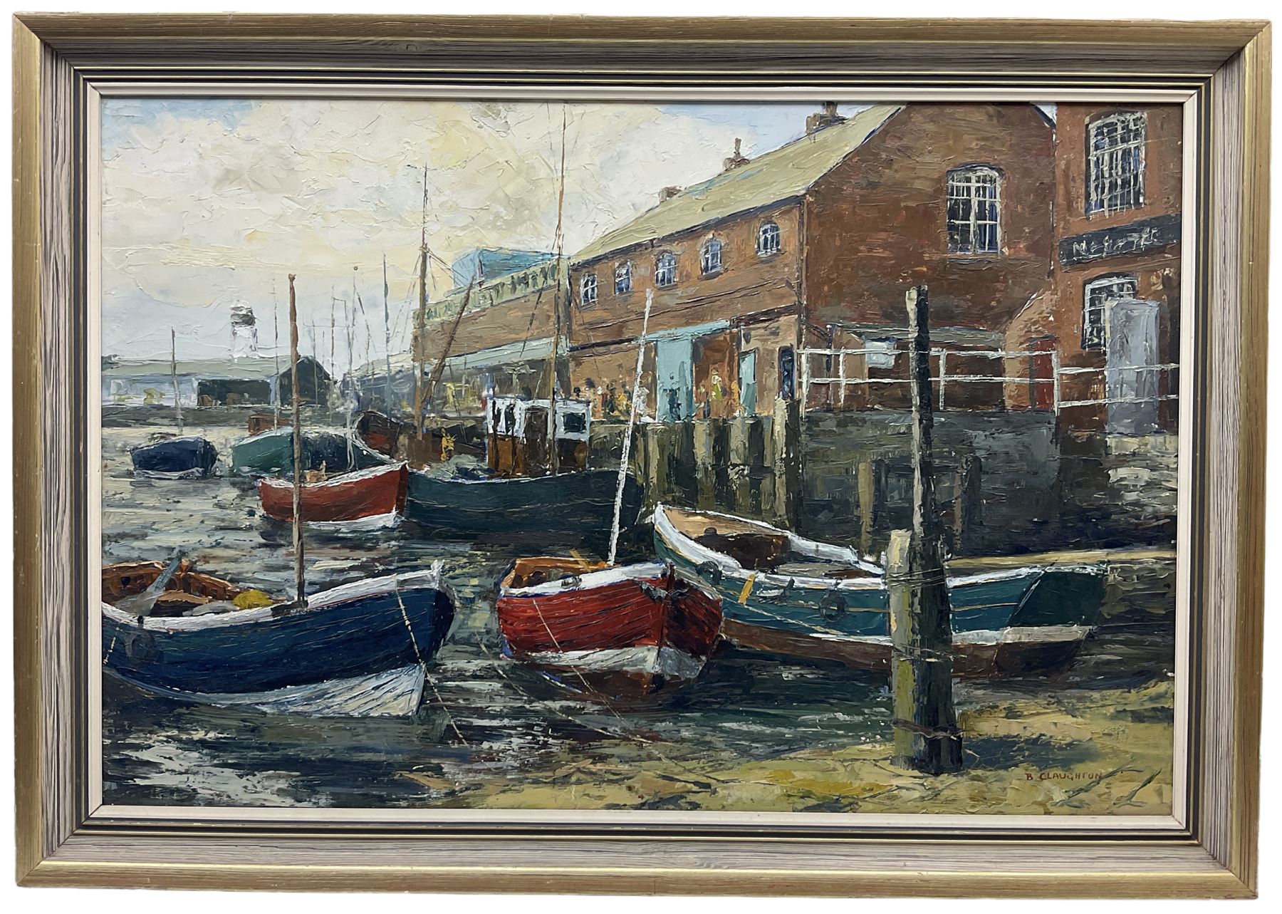 Barry Claughton (British 20th century): 'Scarborough Fishing Boats', oil on board signed, labelled verso 50cm x 75cm