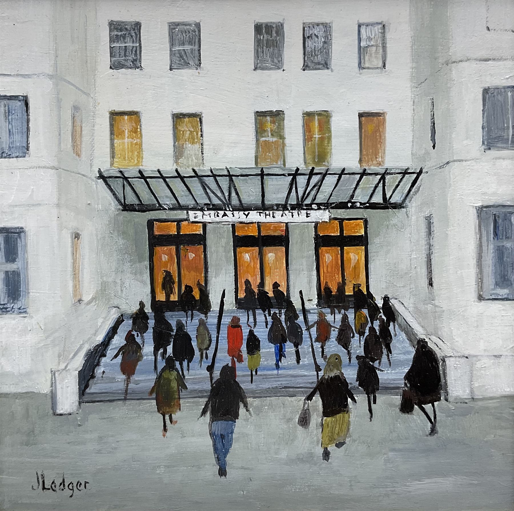 Janet Ledger (British 1931-): 'Embassy Theatre' London, acrylic on board signed 14cm x 14cm 
Provenance: with The Linda Blackstone Gallery, Pinner, label verso