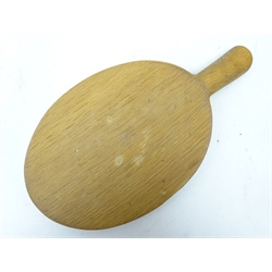  'Mouseman' oval adzed oak Cheese Board, curved handle with relief carved mouse signature, by Robert Thompson of Kilburn, L38cm   