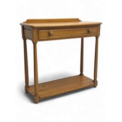 Lucian Ercolani for Ercol - mid 20th century light elm console table, rectangular top with raised gallery back over full-width frieze drawers, raised on tapered supports united by undertier 