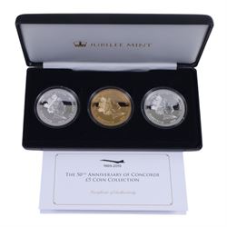 Queen Elizabeth II Alderney 2019 '50th Anniversary of Concorde' five ounce silver proof twenty five pound coin, and Queen Elizabeth II Alderney 2019 '50th Anniversary of Concorde' five pound coin collection, both cased with certificates