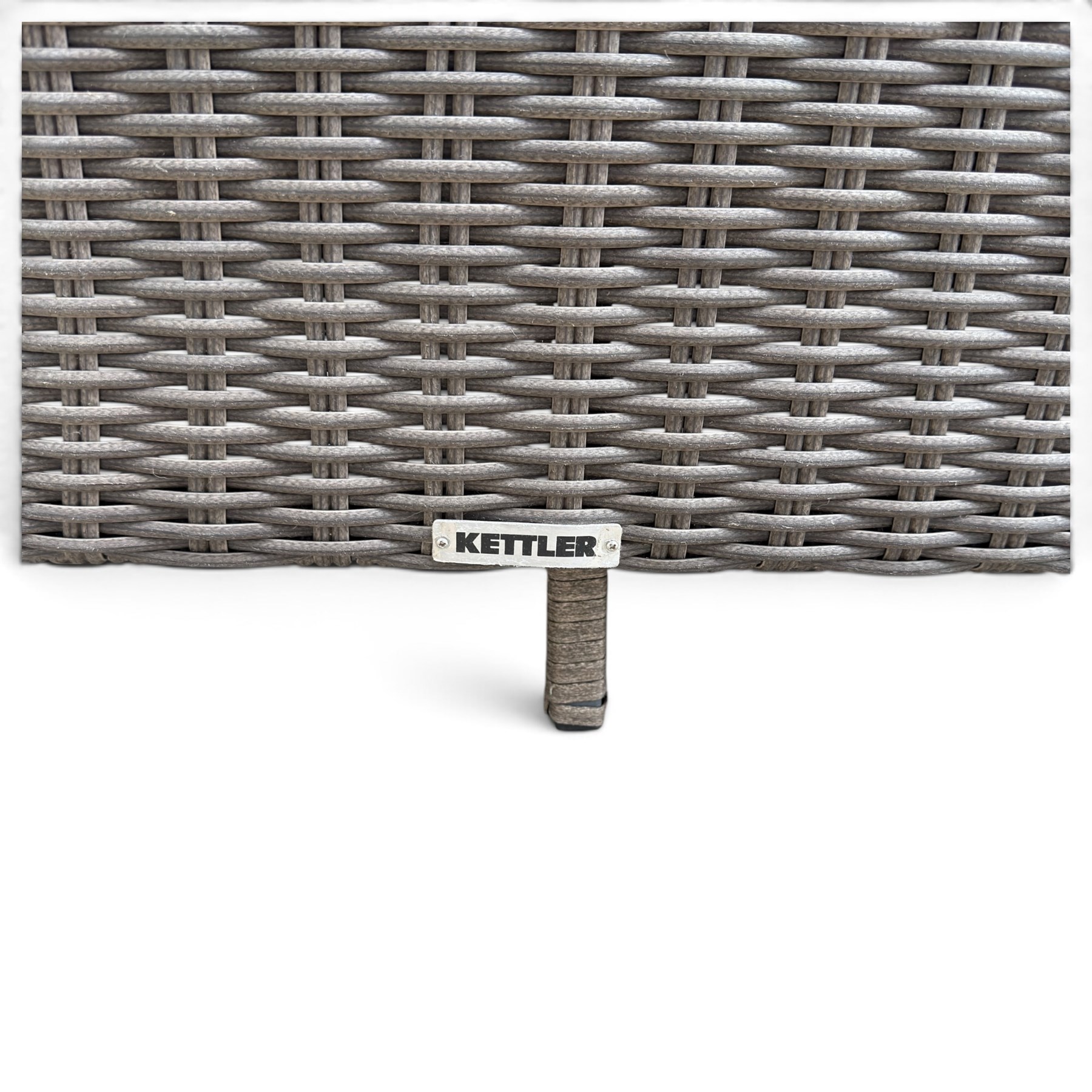Kettler - Palma rattan garden lounge suite, comprising modular corner sofa (DIM) with slatted and rattan garden table on end supports (DIM), and three stools (DIM), with loose seat cushions
