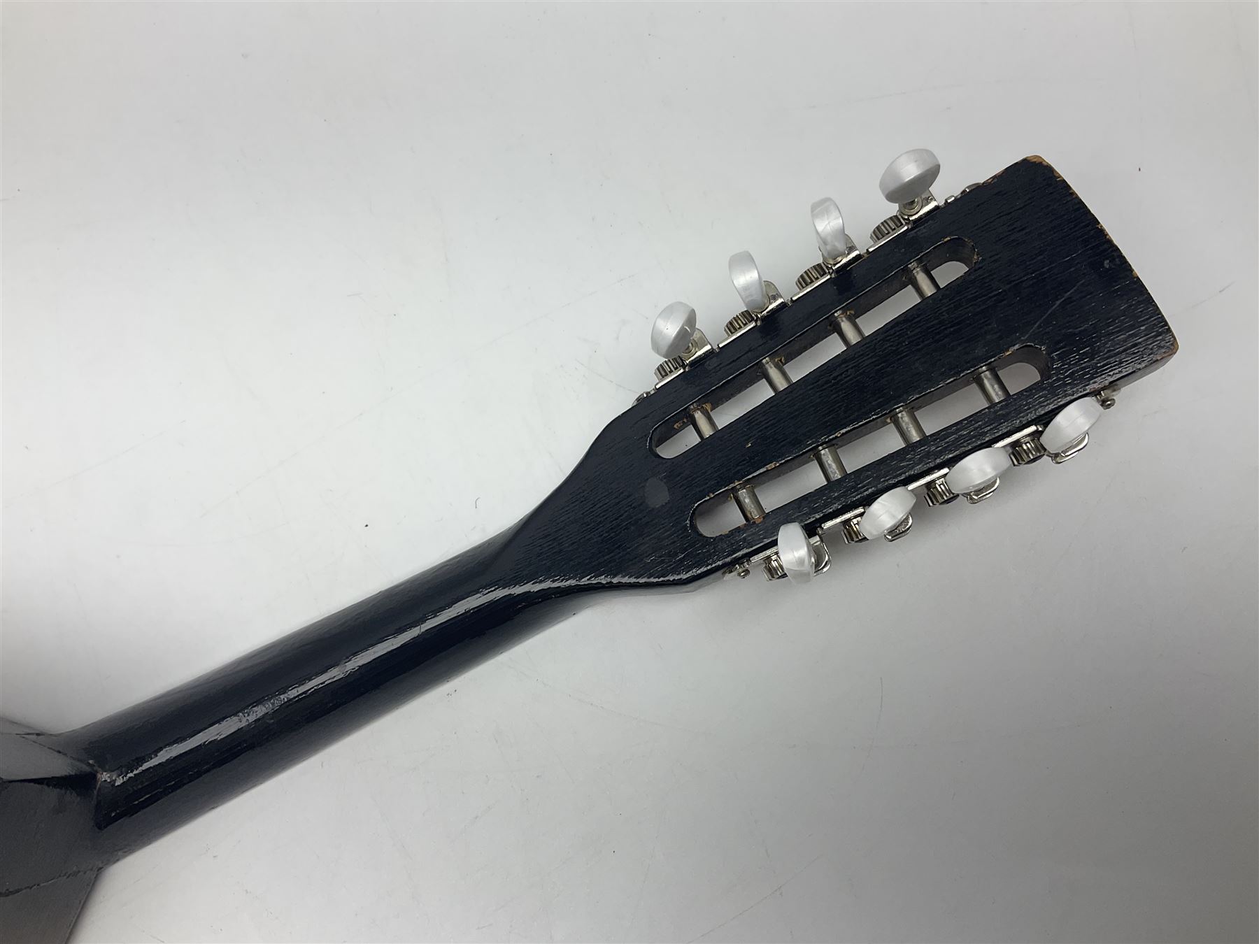 French mandolin with segmented lute back and mother-of-pearl inlaid spruce top; bears label for 'Jerome Thibouville-Lamy & Cie Paris L60cm; and another unmarked flat-back mandolin; both for completion (2)