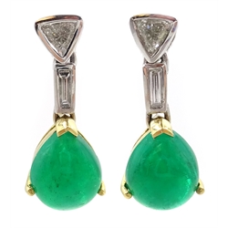  Pair of 18ct gold trillion and baguette cut diamond and jade pendant ear-rings  