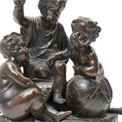 After Louis Valentine Elias Robert (French 1821-1874); pair of 19th century allegorical bronze groups, modelled as putti learning about the arts and sciences, bearing signature to the plinth, H17cm (2)