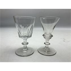 Group of 18th century and later drinking glasses, to include an ogee bowl example with conical folded foot, a number of examples with bucket and funnel bowls, knopped stems and engraved examples, largest example H12cm