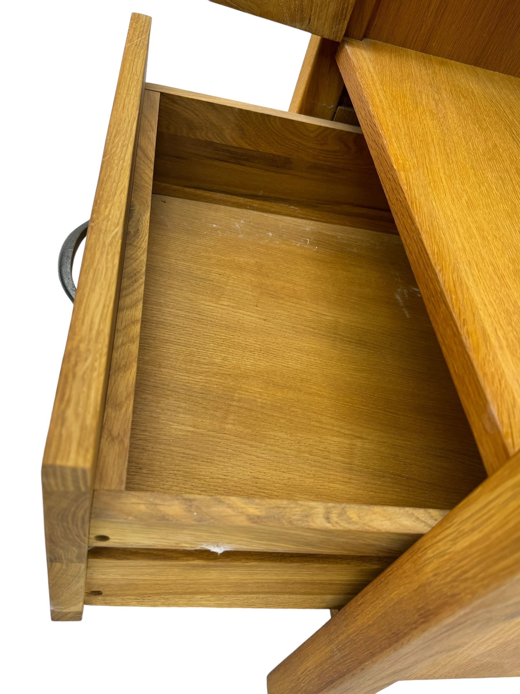 Laura Ashley - contemporary Milton oak display cabinet, featuring single door with two glass panels and pewter effect handle, enclosing one fixed oak shelf and two adjustable glass shelves, access hole at the bottom shelf, over single drawer with matching handle, on square legs