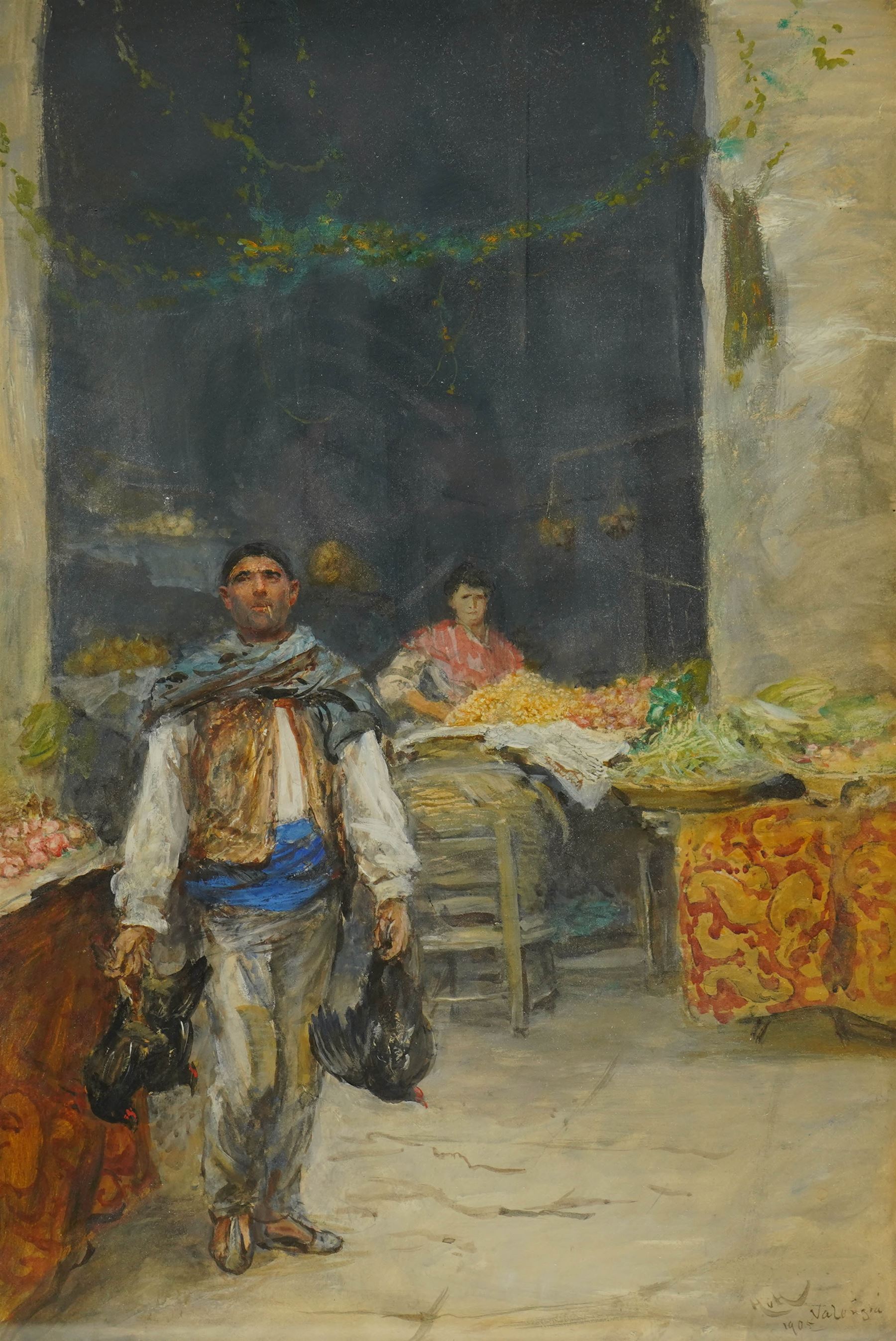 Hubert von Herkomer (Bavarian/British 1849-1941): The Poacher in the Marketplace - 'Valencia', watercolour and gouache signed inscribed and dated 1905, 62 x 40cm 
Provenance: Dicksee & Co., Liverpool, 1907.