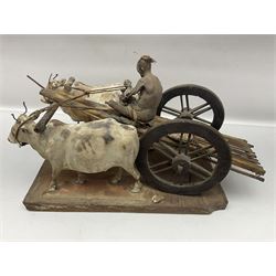 19th Century Indian, possibly Krishnanagar figure group, modelled as oxen and cart on rectangular base, H24cm