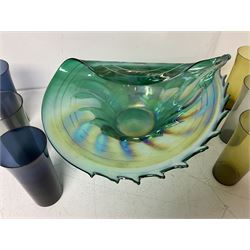 Large green studio glass conch shell bowl, with lustre finish, together with six coloured glasses, bowl W44cm