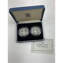 Four The Royal Mint United Kingdom silver proof two pound coins or sets, comprising 1989 two-coin set, two 1995 'Second World War' and 1995 'Second World War' piedfort, all cased with certificates