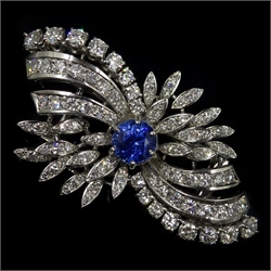  Platinum diamond and Ceylon sapphire flower spray brooch, diamonds approx 4 carat, sapphire approx 3 carat  
